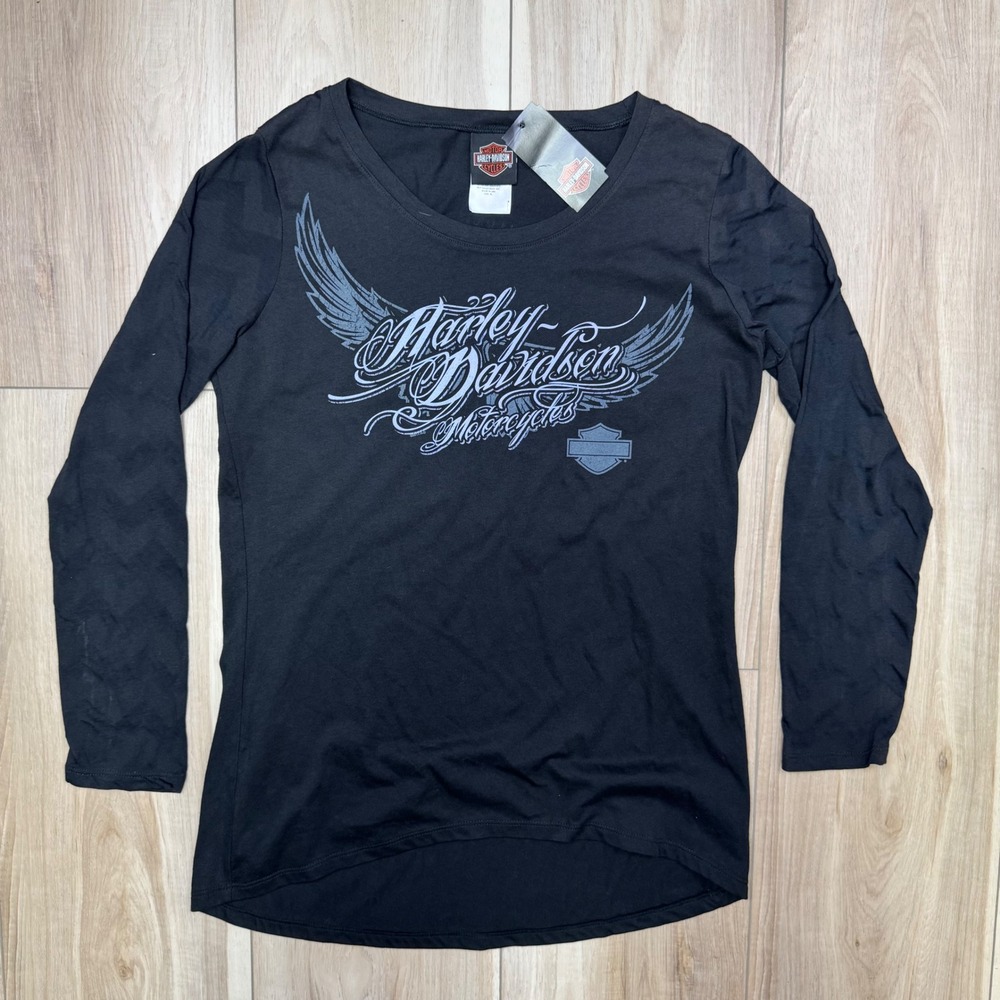 Harley Davidson Womens XL Long Sleeve Graphic Tee Black Winged Barnett El Paso